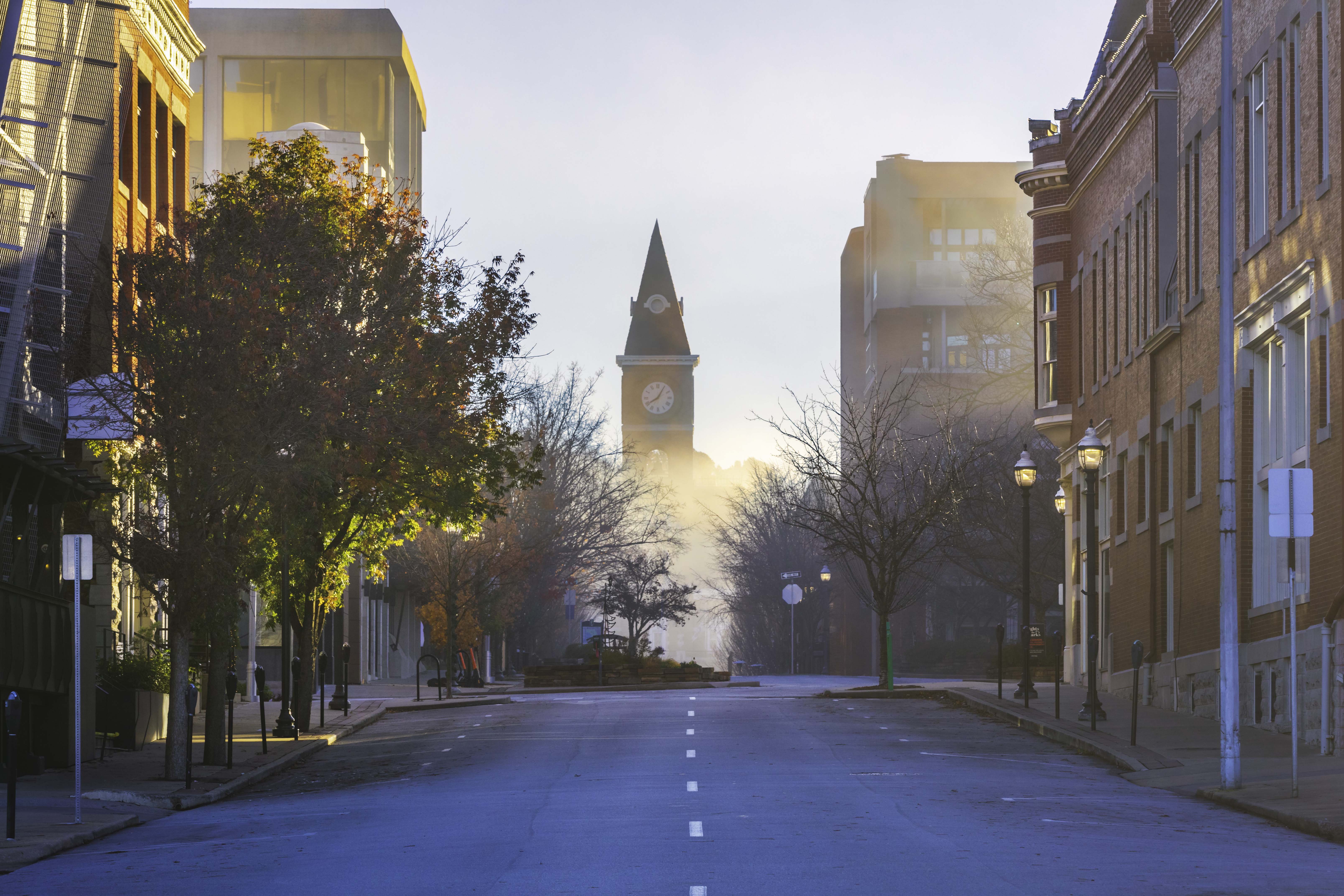 The view looking east along Center Street toward the historic county courthouse.