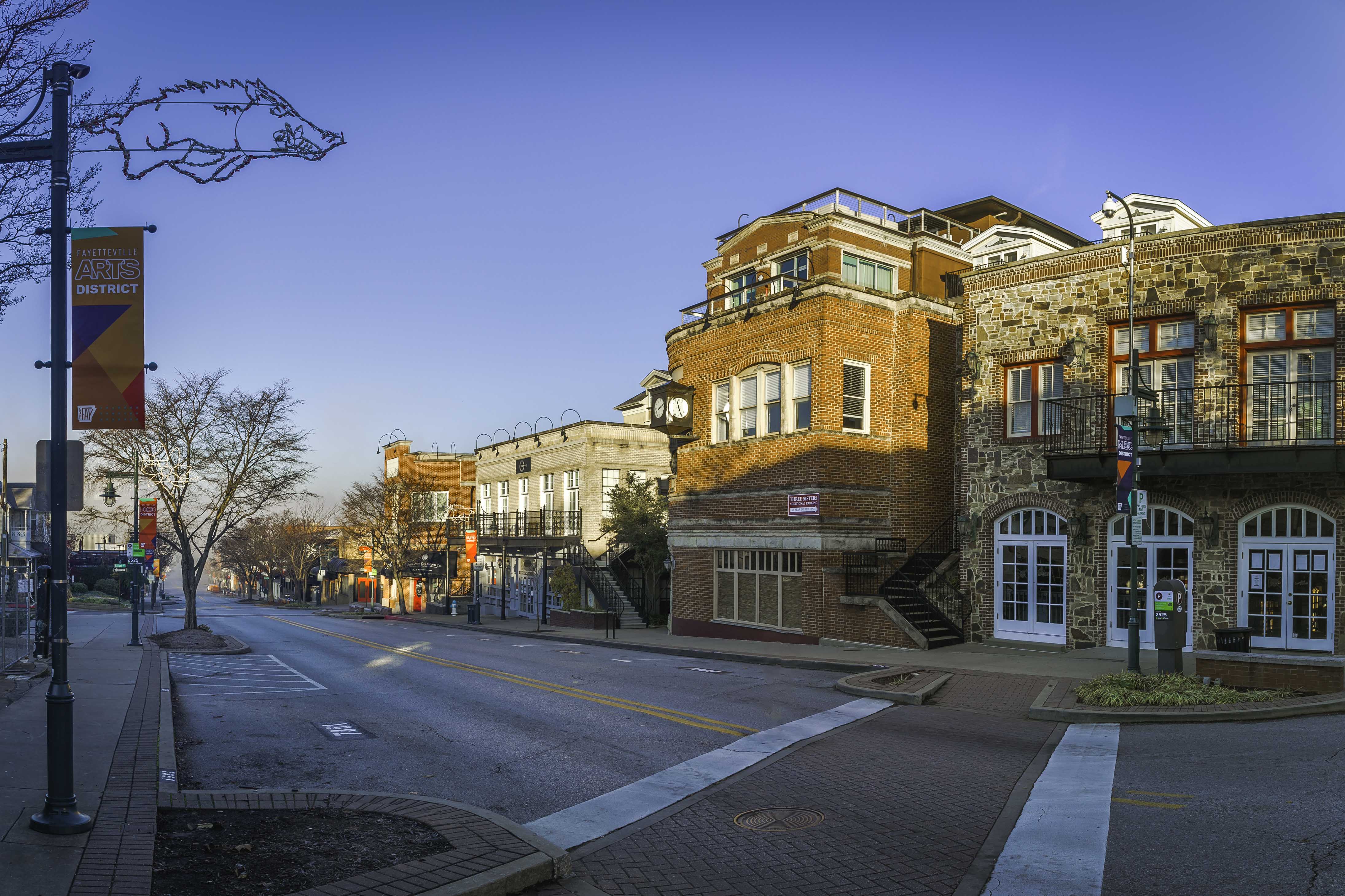 A quiet morning scene along Dickson Street in Fayetteville.