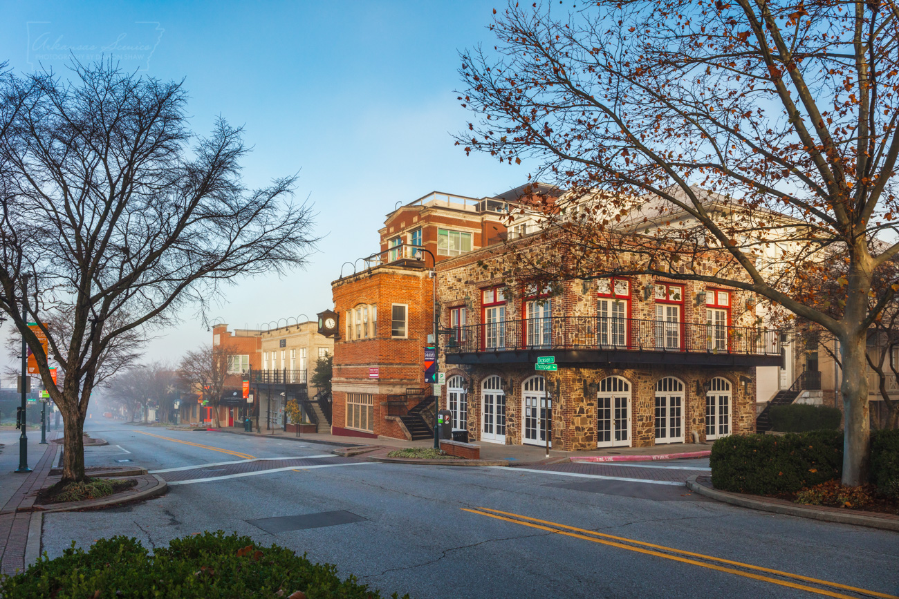 A quiet morning scene along Dickson Street in Fayetteville.