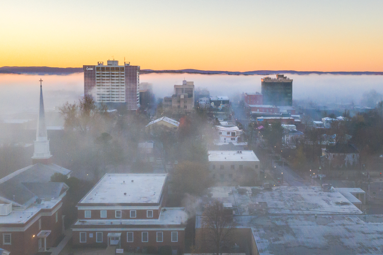 Downtown Fayetteville on a foggy morning