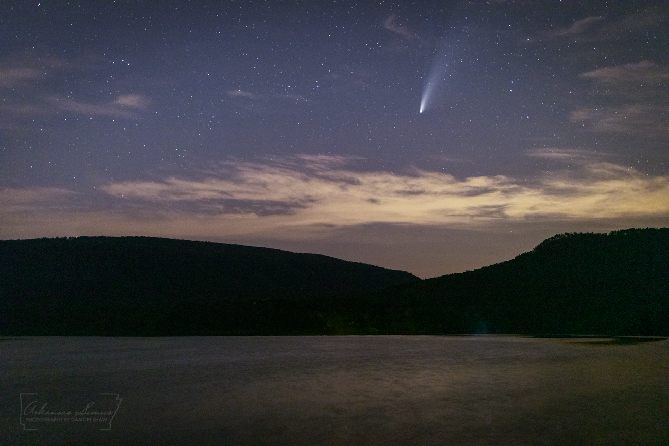 Comet NEOWISE over Horsehead Lake in the Ozark National Forest.