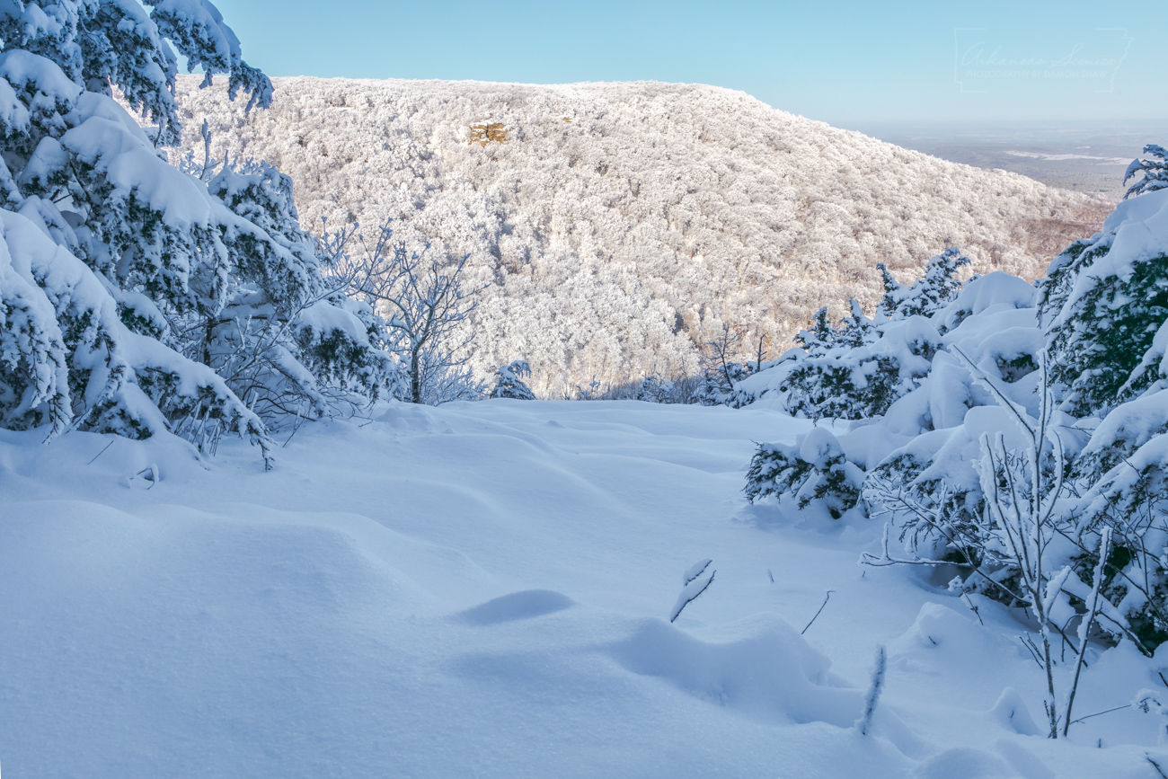 A blanket of snow with rime ice on Mount Magazine during the extreme cold of February 2021