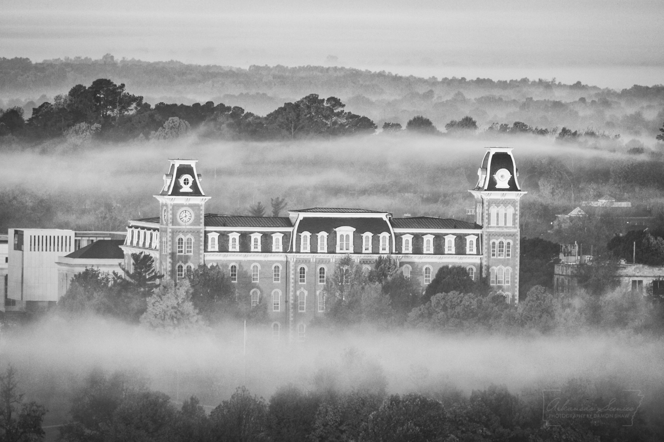 Old Main on the campus of the University of Arkansas viewed from Mount Sequoyah.